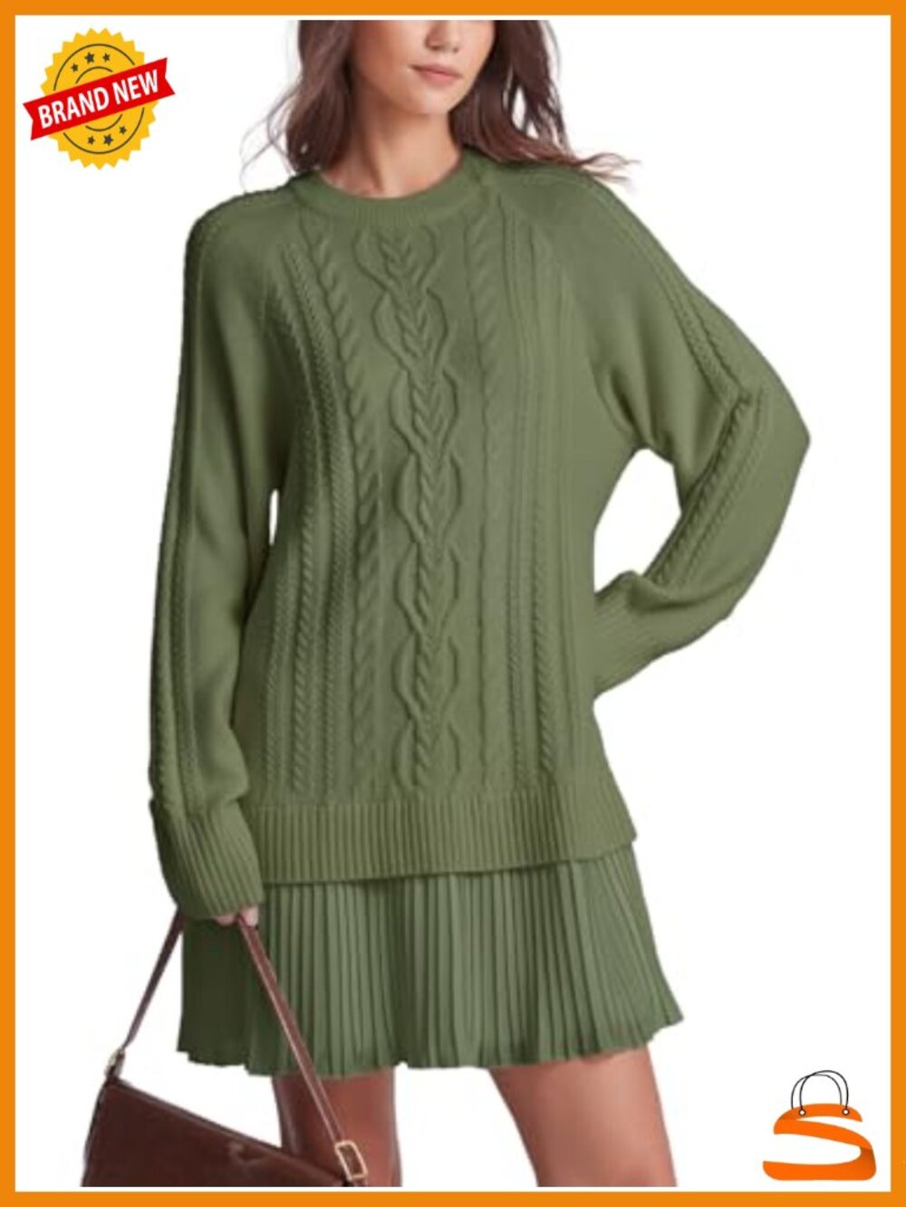 Cable Knit Sweater Dress Pleated Mini Crewneck Long Sleeve A-Line Women's